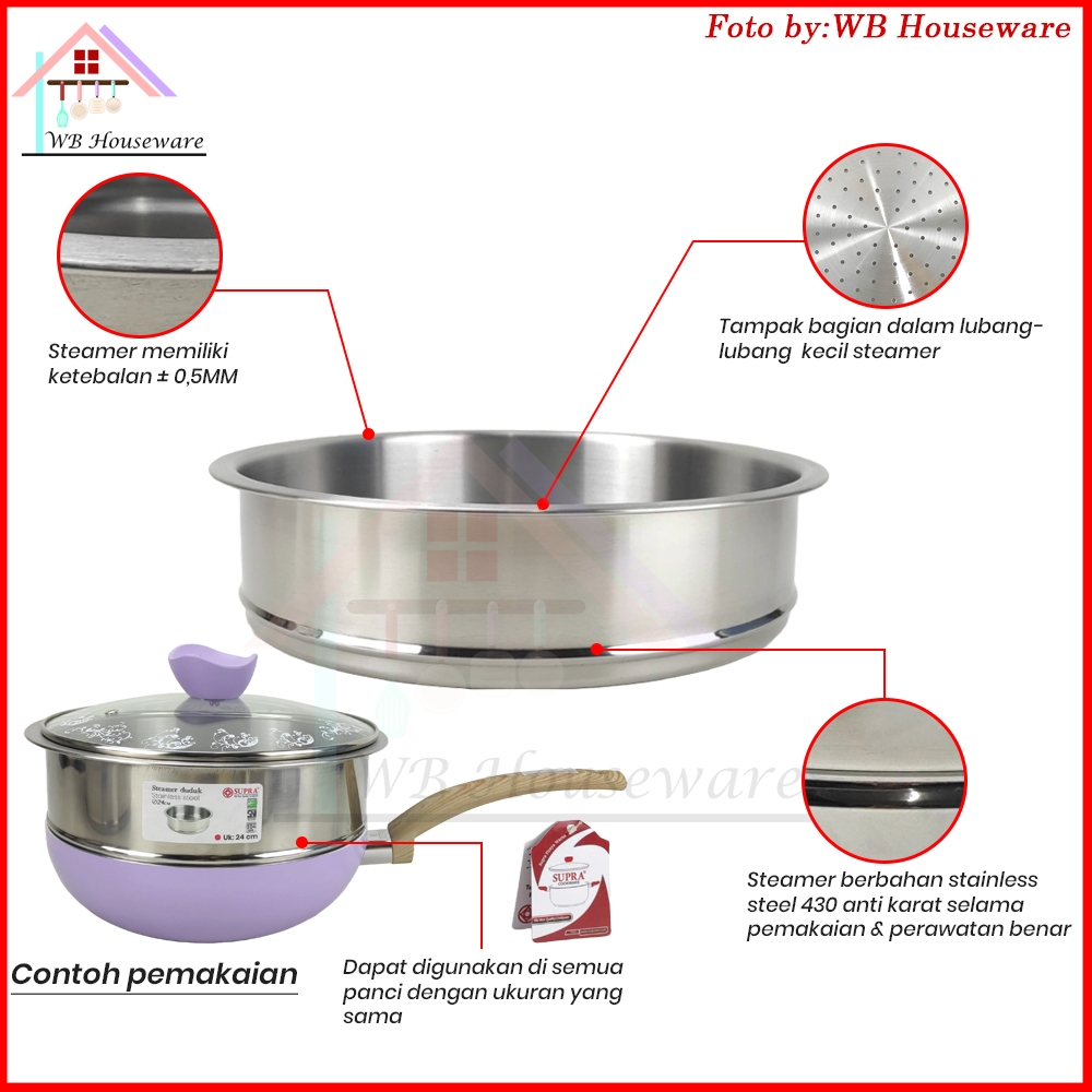 Steamer Panci Multifungsi Saringan Kukusan Sauce Pot Stainless 18Cm/20Cm/24Cm/28Cm/32Cm Supra