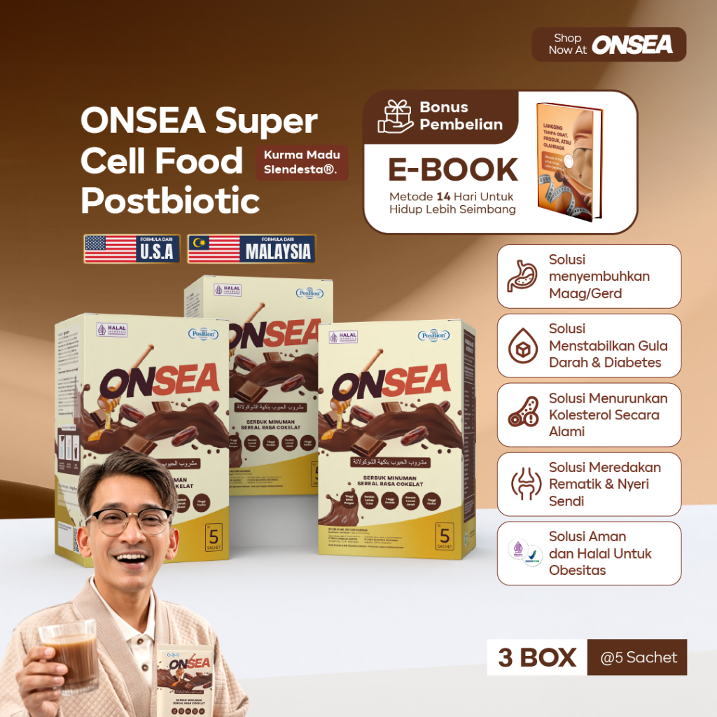 

ONSEA SUPER CELL FOOD (POSTBIOTIC SLENDESTA KURMA MADU) 3 BOX | Formulasi dari USA & Malaysia – Pengganti Makan Sehat dengan Multigrain, Protein & Vitamin Lengkap