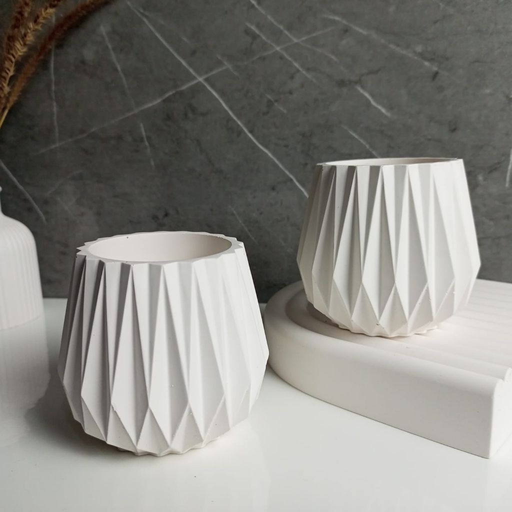 Pot Vas Bunga Geometris Putih Minimalis – Pot Dekorasi Estetik Concrete / Gypsum