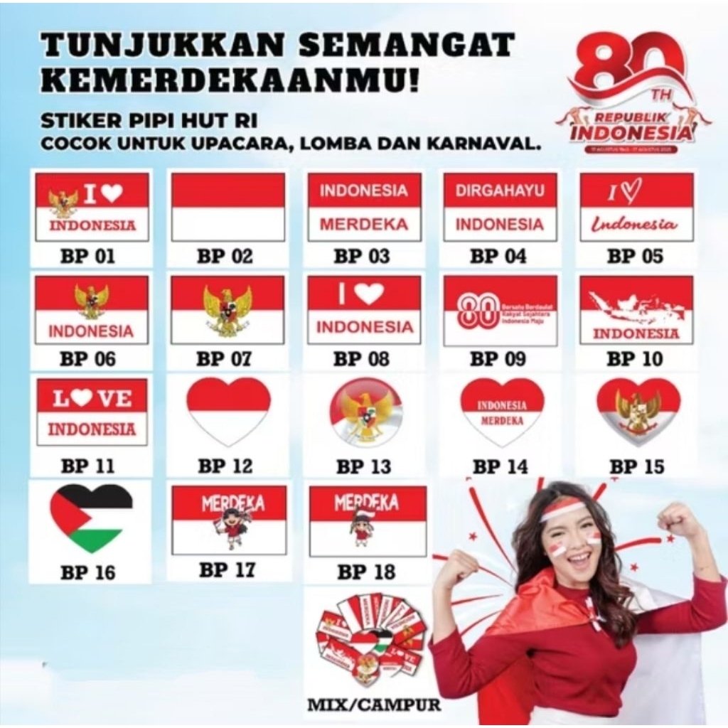 

Stiker Pipi Indonesia Isi 10 Pcs Stiker Bendera Merah Putih Bahan Chromo Dirgahayu Hut RI Praktis & Mudah Digunakan Cocok Untuk Foto Karnaval Pentas