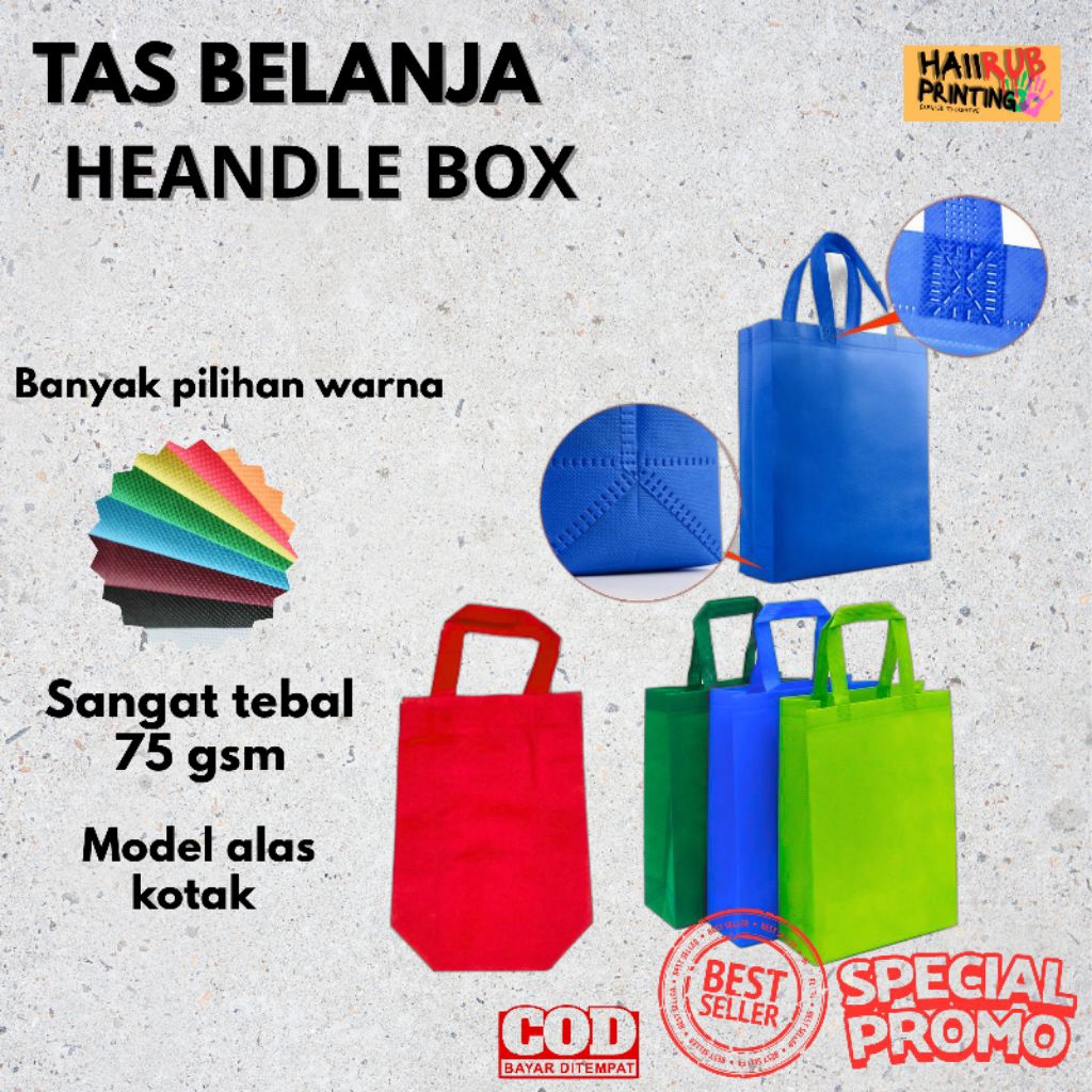 

Tas belanja godybag HBPA model alas kotak box tas kain spunbond ukuran 20x30x9 25x35x10 30x40x10 35x46x12