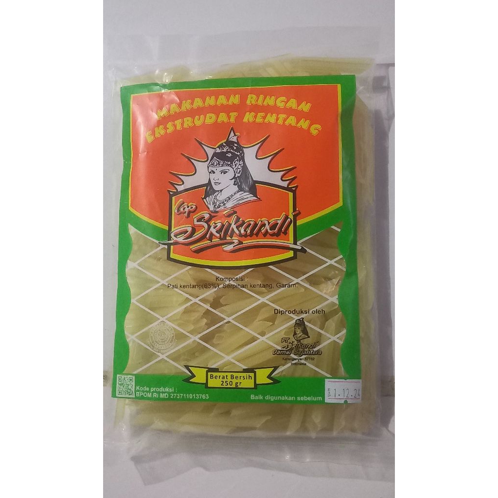 

STIK KENTANG MENTAH CAP SRIKANDI 250 GRAM / POTATO CERIPING 250gr / KERUPUK EKSTRUDAT KENTANG STICK KEMASAN 250gram / CRIPING GURIH RENYAH / KRUPUK MAKANAN RINGAN