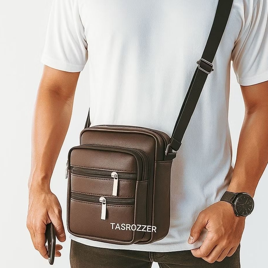 Tas selempang pria kulit asli model banyak saku polos