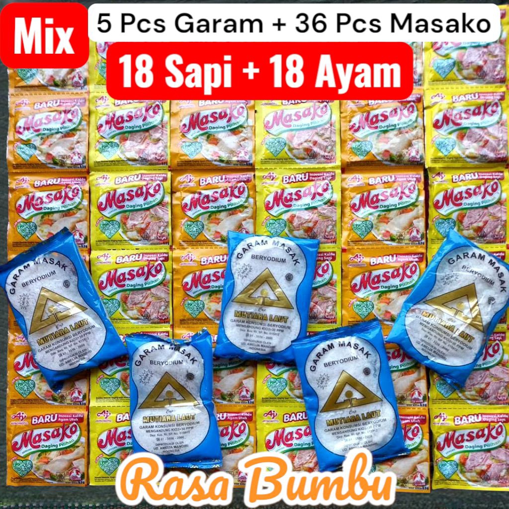

Mix 5 pcs garam | Masako 18 + 18 (36pcs) ayam sapi masak beryodium cap segiti mas teknologi modern + Masako 36 mix Pcs daging pilihan bumbu rasa baru sapi ayam