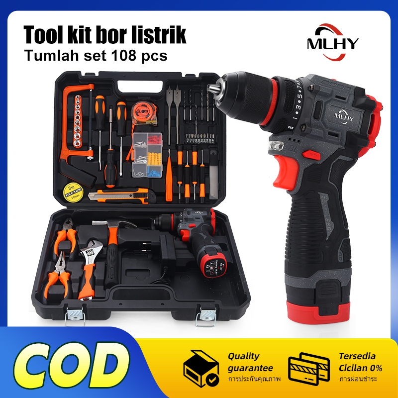 MLHY 102PCS Toolkit Bor listrik Alat Pertukangan Set bor listrik brushless Palu Handtool Box Set Soc