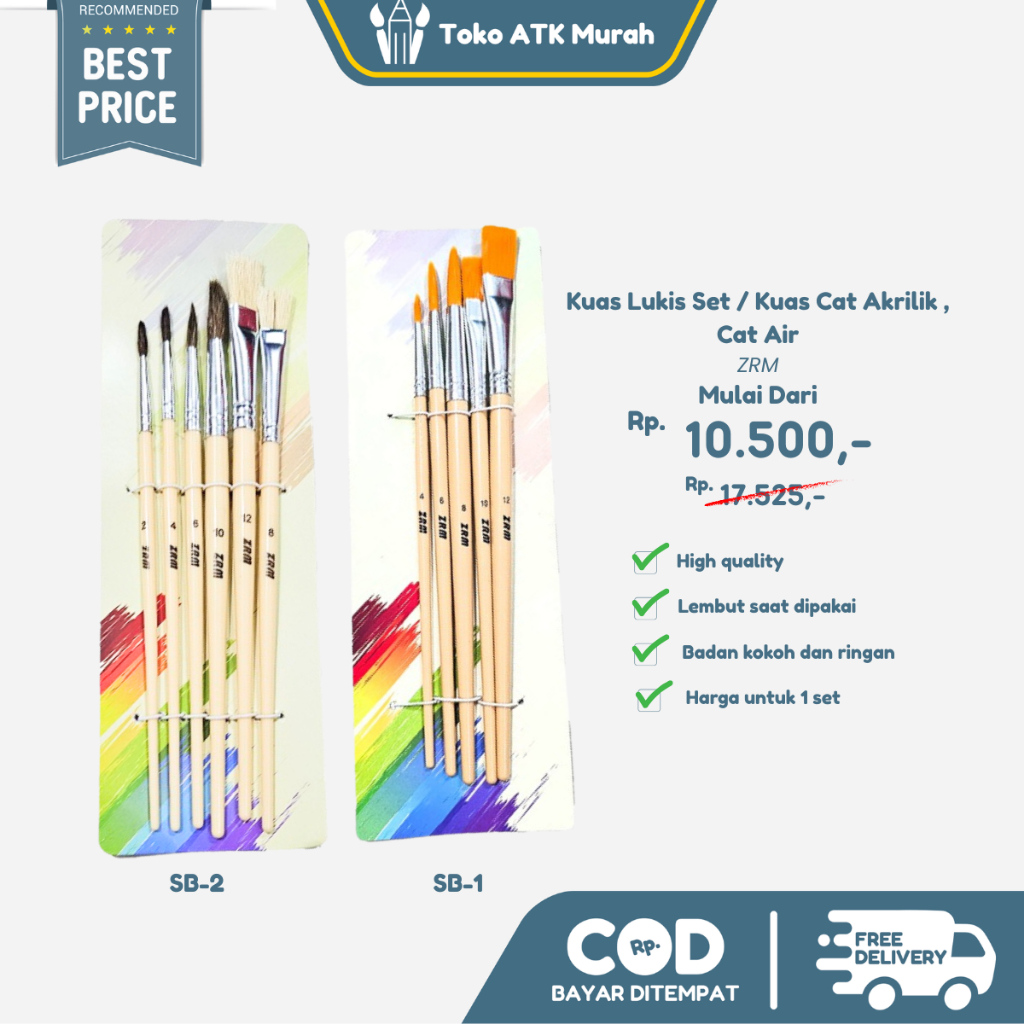 

Kuas Lukis Set 6 pcs - Paint Brush Set ZRM SDI SB-2 Kuas Cat Akrilik Watercolor Cat Minyak