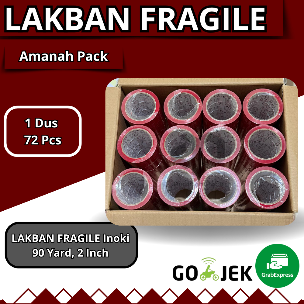 

LAKBAN FRAGILE MERAH 90 YARD X 2 INCH/48MM ( 1 Dus isi 72 Roll ) BAGUS JANGAN DIBANTING (Merek Inoki )