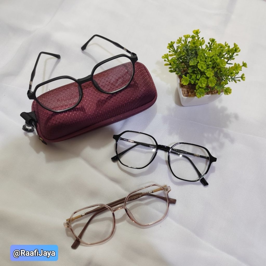 Kacamata Frame Cewek Hexagonal Lensa Blue Ray