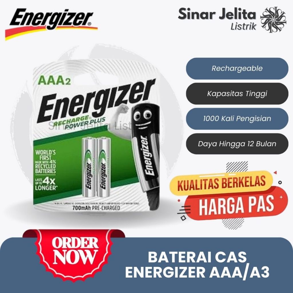Baterai Rechargeable ENERGIZER AAA2 Isi 2 pcs | Baterai Cas ENERGIZER Murah Bukittinggi