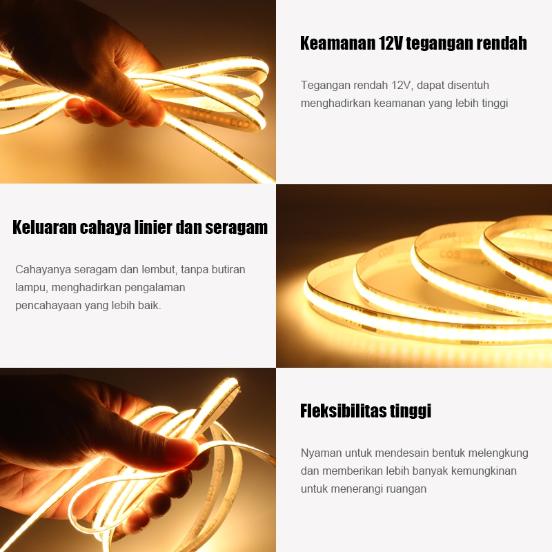New Product Lampu Strip Cob 12V/24V Cahaya Kepadatan Tinggi 5 Meter/10Meter Lampu Led Lem Perekat