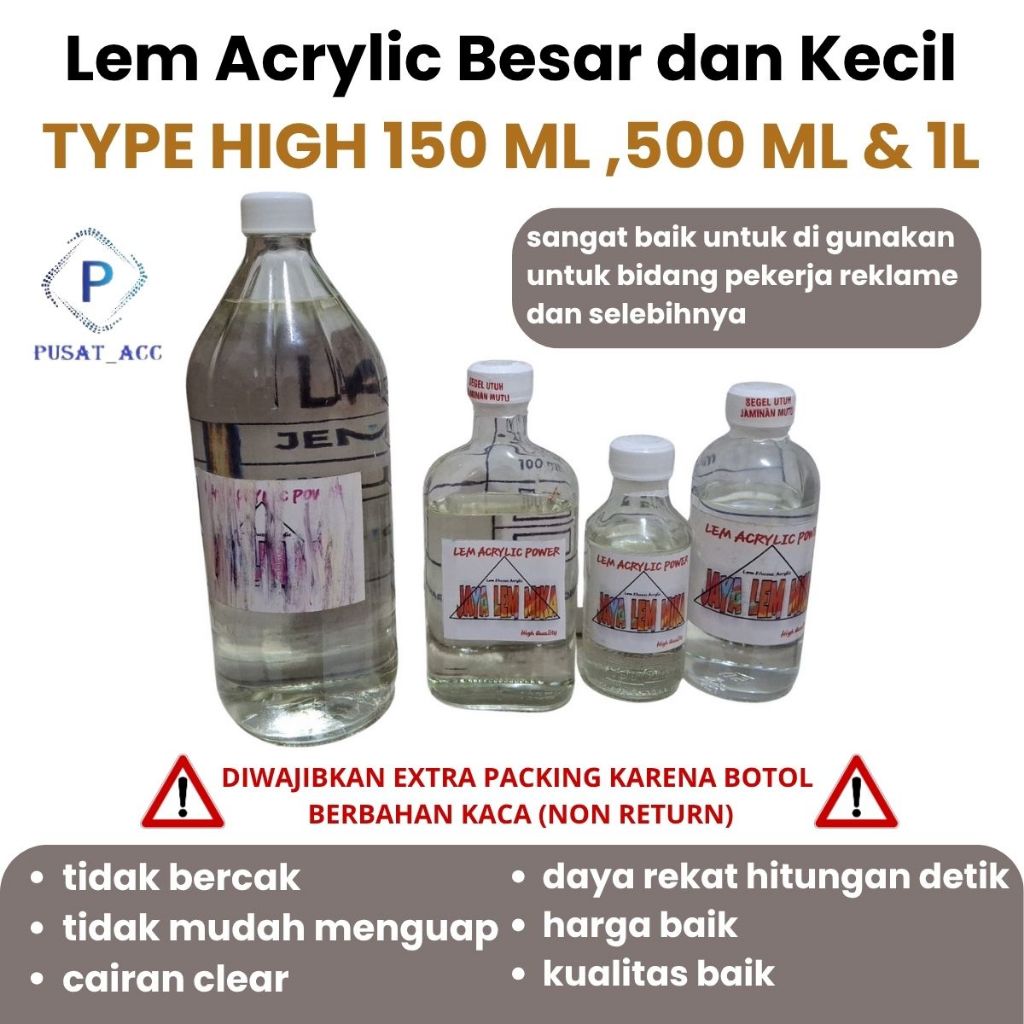 

Lem Akrilik - Lem Bening Type High Lem Akrilik 150 ML , 500 ML , 1 L , Lem Untuk Akrilik
