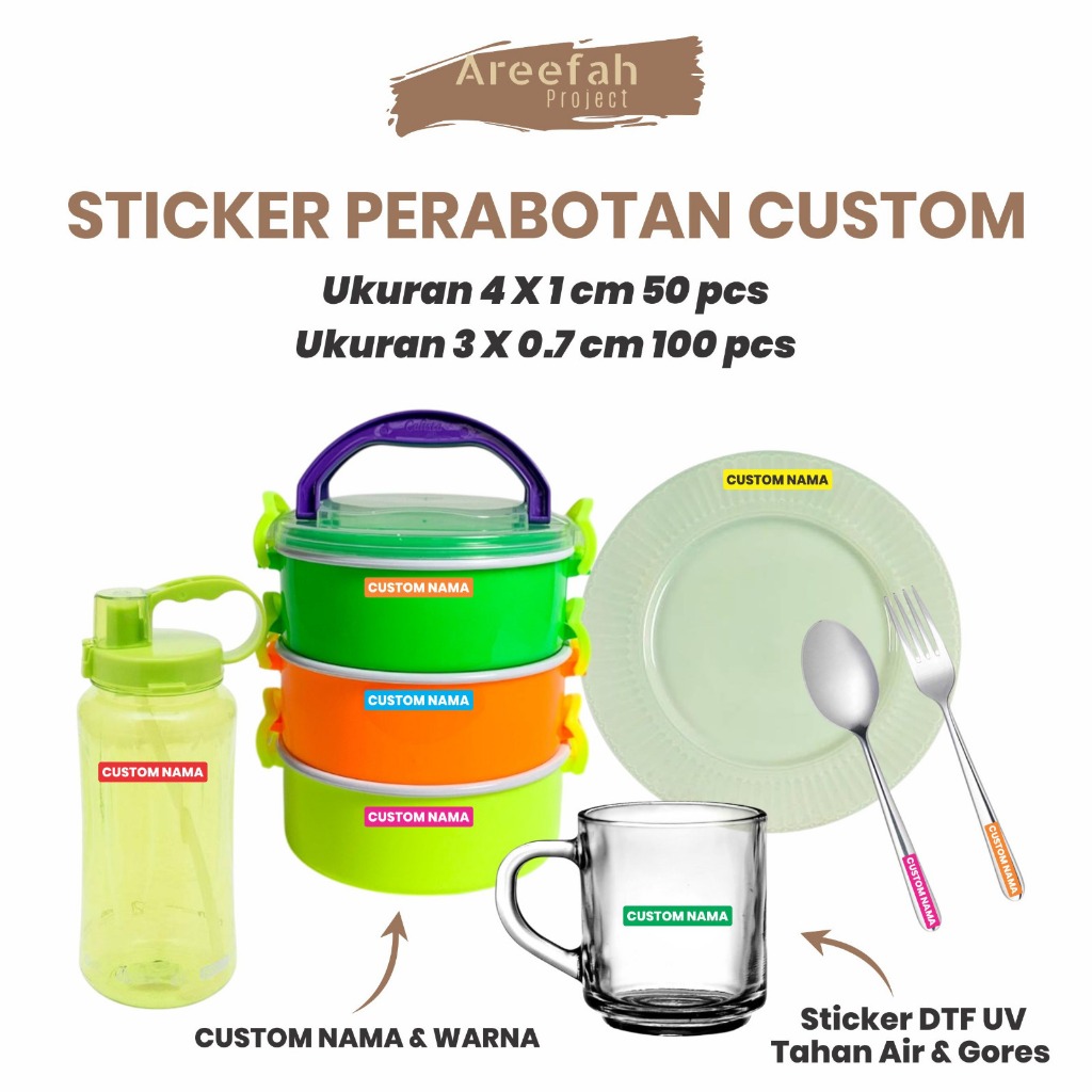 

Areefah Cetak Stiker Label Barang DTF Custom Nama 50 & 100 Pcs | Custom Stiker Label Perabotan Rumah | Waterproof Label