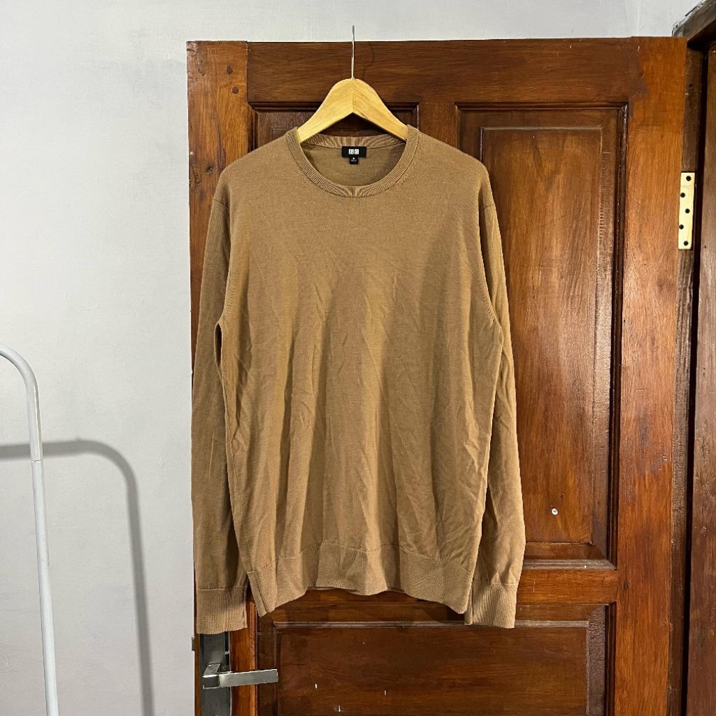[XL-XXL] Uniqlo Cotton Light Knitted Long Sleeve I Brown Vintage Vtg Retro Kemeja Garis-garis Salur 