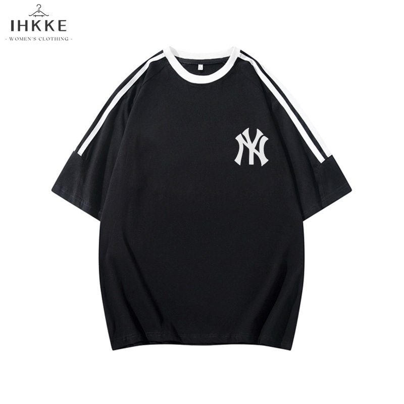 IHKKE Kaos Stripe Wanita/Kaos Mlb Original 100%/American Retro Lengan Pendek Kaos Salur Wanita/Baju 