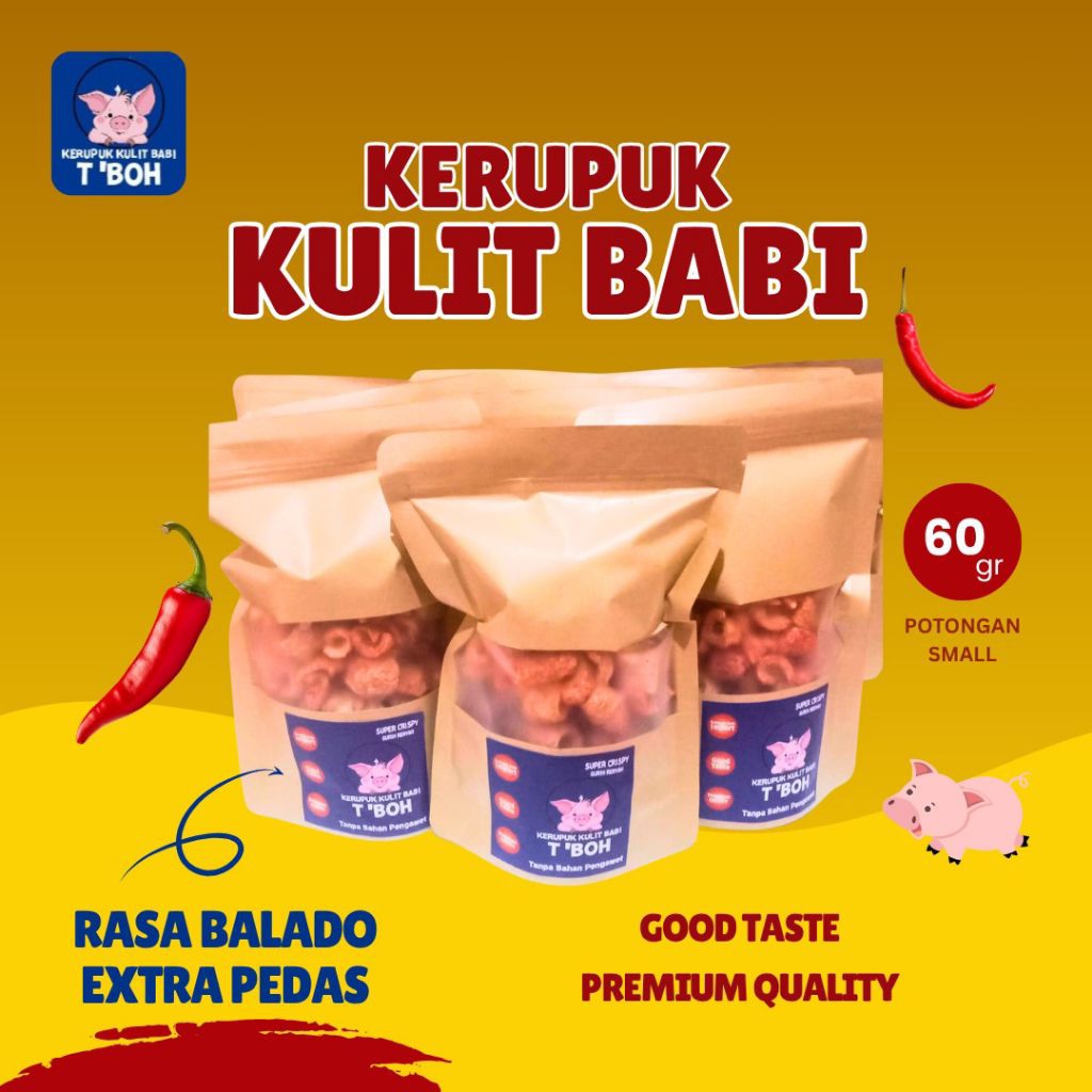 

KERUPUK KULIT BABI T'BOH SMAL ISI 60 GR RASA BALADO EXTRA PEDAS CU JIU CHA RAMBAK PREMIUM