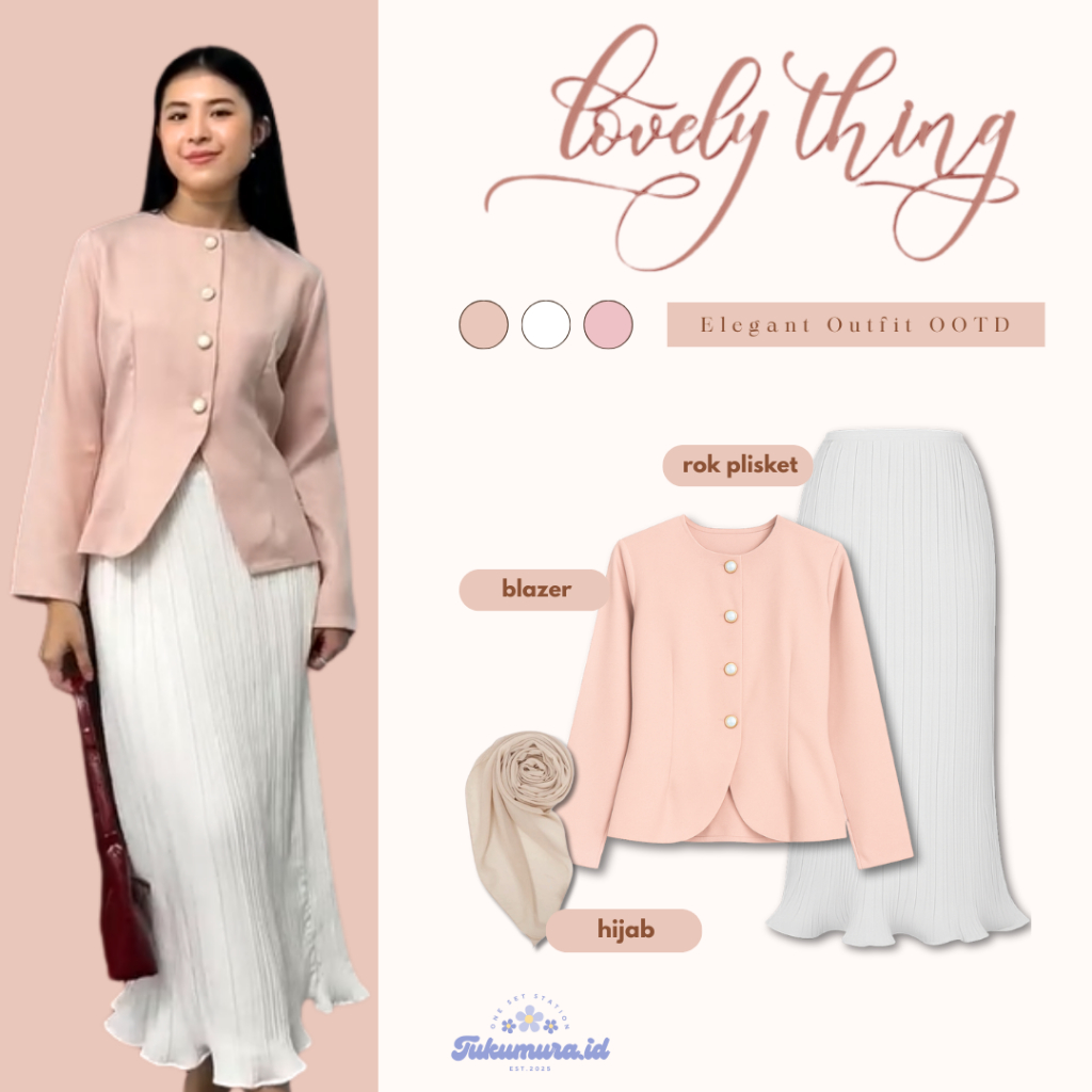Elegant Outfit One Set Wanita (Blazer Pink + Rok Span Plisket + Jilbab Segi Empat) OOTD Hijab TM53N
