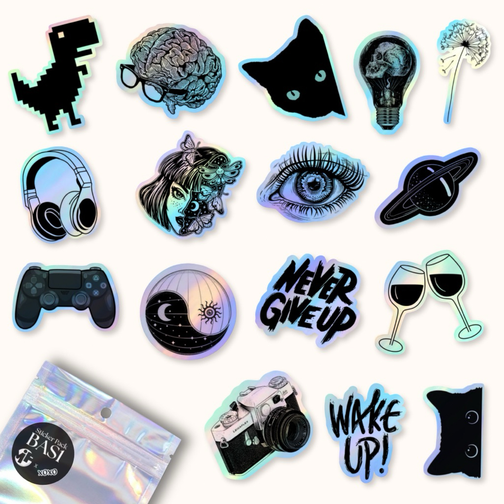 

[1 Pack] Sticker Hologram Fashion Aesthetic Black and White Premium Laminasi , Stiker Hologram Fashion Black and White Premium Dekorasi Laptop Tumblr Gitar