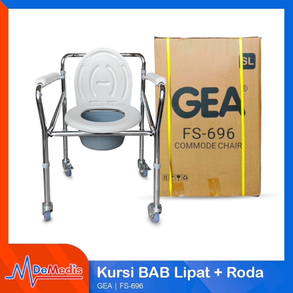Kursi Toilet BAB Lipat Dengan Roda Untuk Orang Tua dan Ibu Hamil GEA FS696 Commode Chair