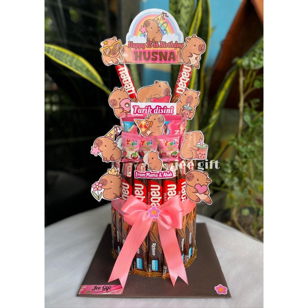 Tower snack karakter Hello Kitty dengan uang tarik/snack cake ulang tahun/gift anak/hampers