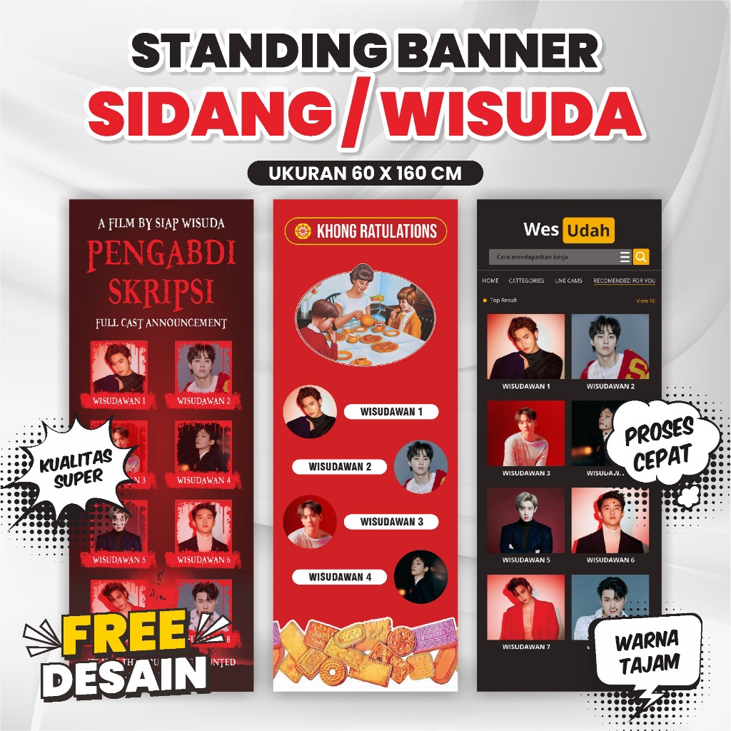 STANDING BANNER WISUDA CUSTOM FREE DESAIN / CETAK X BANNER / X BANNER SIDANG WISUDA