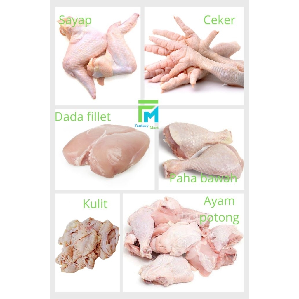 

Ayam potong sayap,paha, ceker kulit. Halal