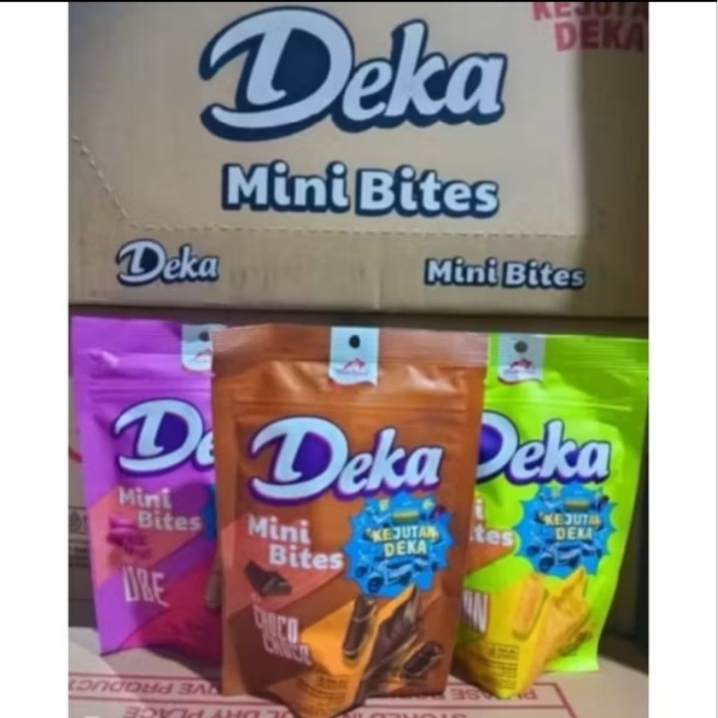 

Snack cemilan murah Deka mini bites 72gr ube durian choco dan Delfi Twister choco dan balck vanila 70gr