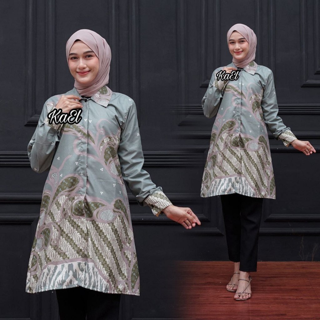 Atasan Batik Muslimah Tunik Batik Wanita Lengan Panjang Syari Modern Kerja Kantor Terbaru C10