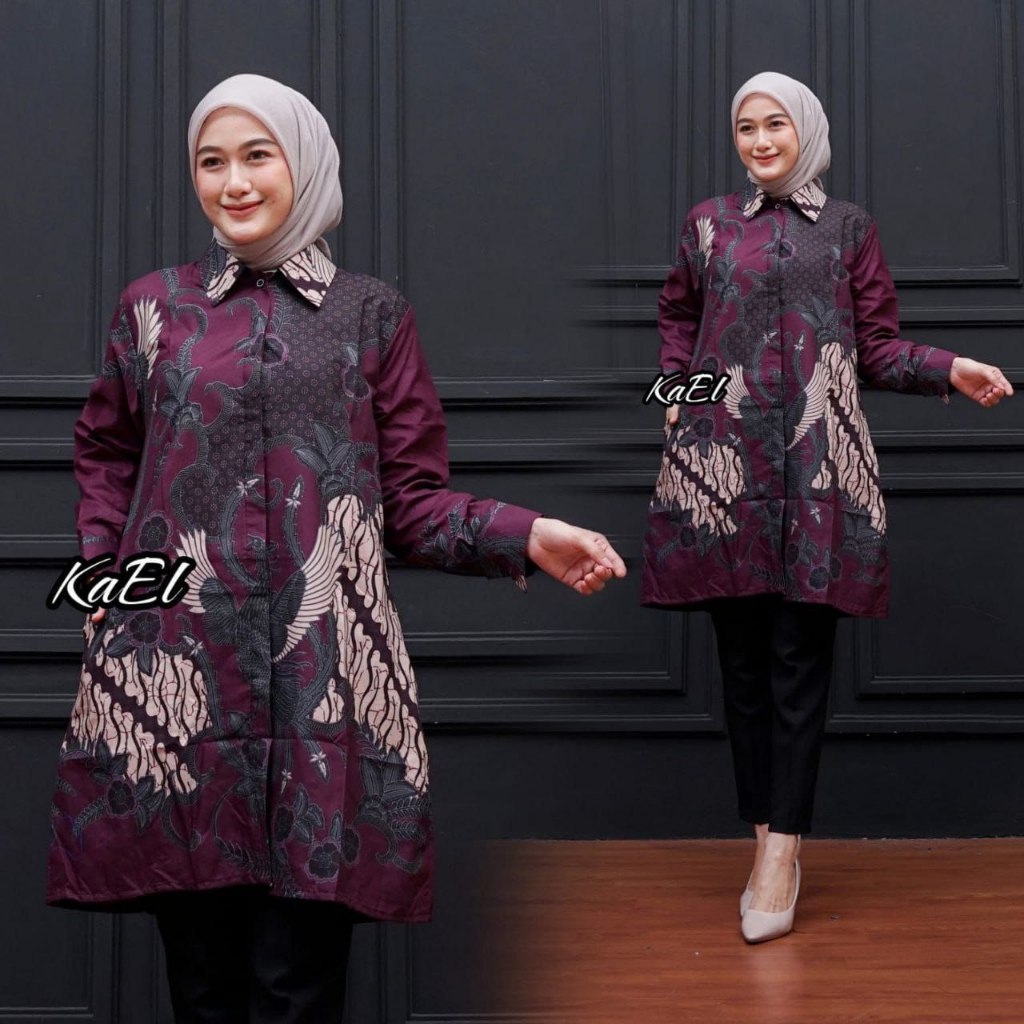 Atasan Batik Muslimah Tunik Batik Wanita Lengan Panjang Syari Modern Kerja Kantor Terbaru D6