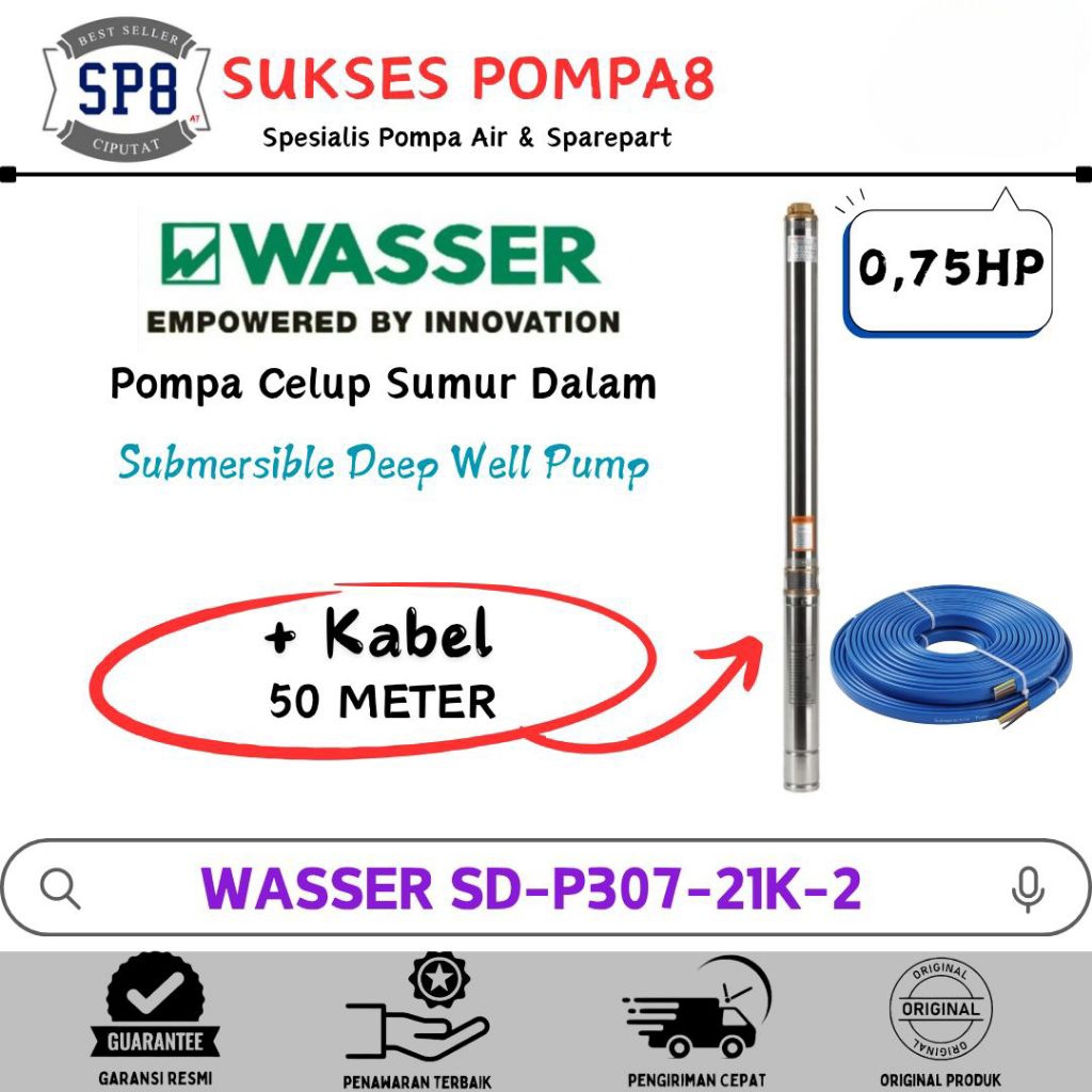 Submersible Pump WASSER 0,75HP 3" SD-P307-21K-2 + Kabel / Pompa Satelit