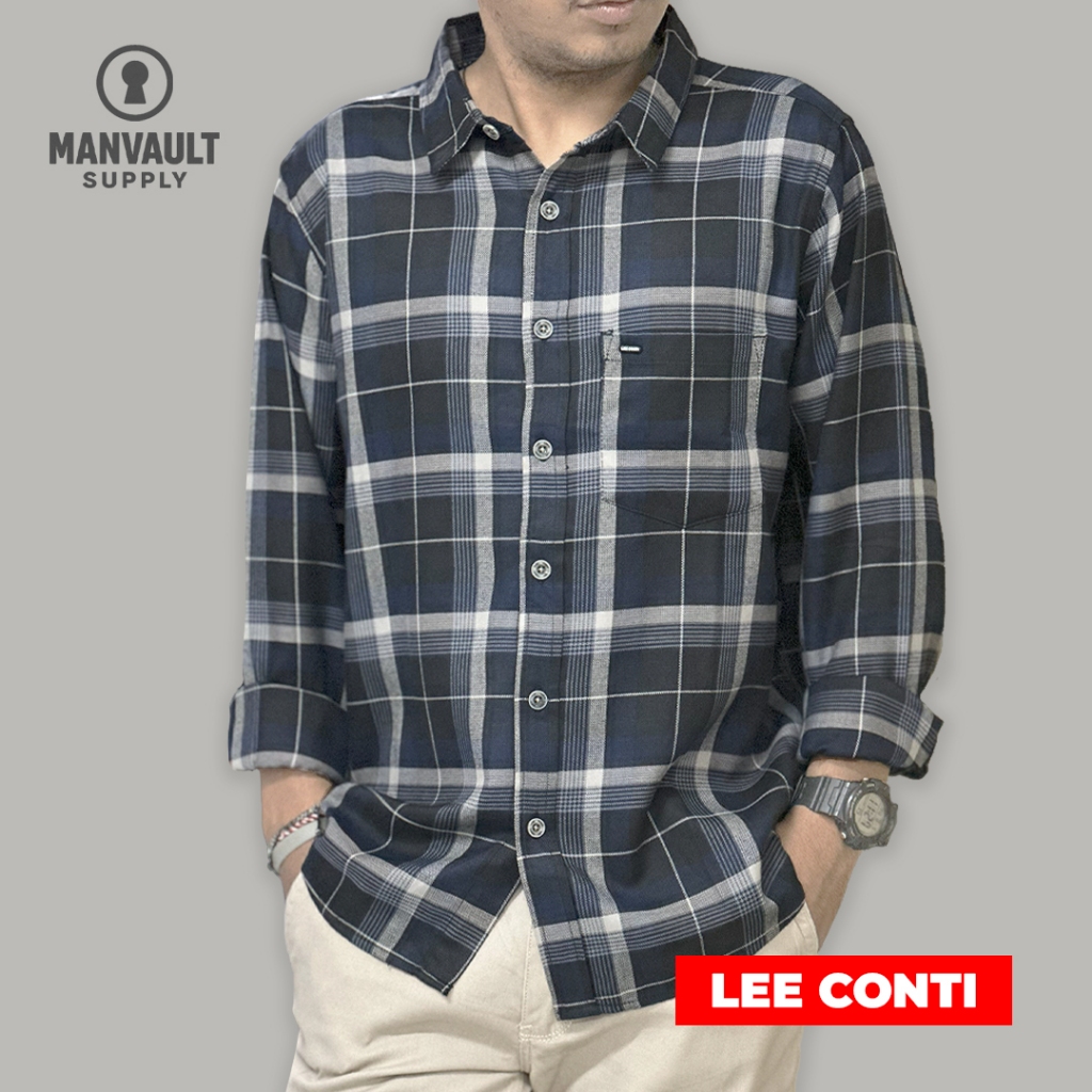 Lee Conti Kemeja Kotak Lengan Panjang Navy Original Asli