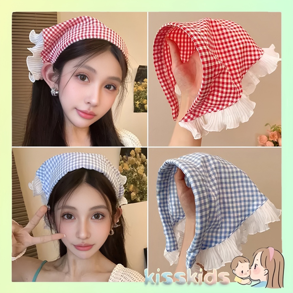 Bandana Korea Premium - Kombinasi Renda Segitiga & Kain Kotak Import, Aksesoris Wanita  kids_kiss C1