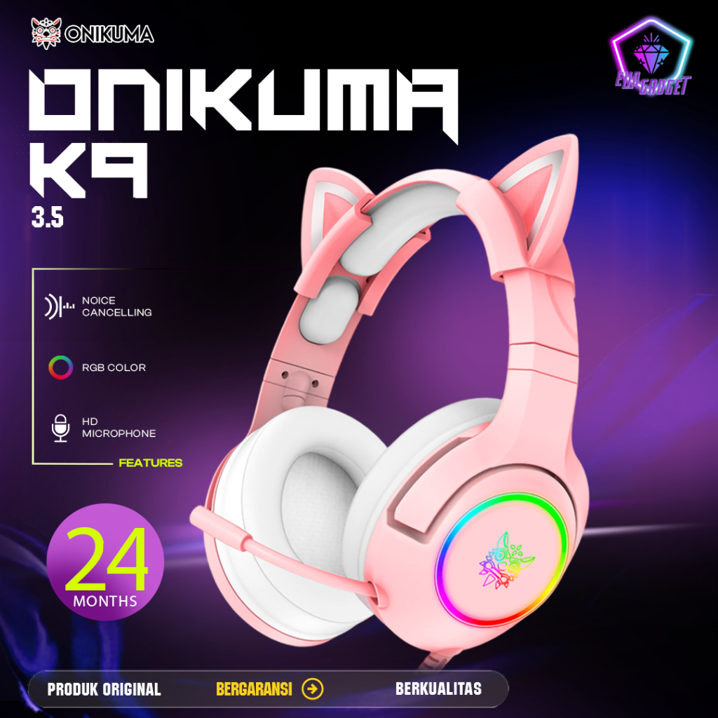 ONIKUMA K9 Headset pink Gaming Elite Stereo - Headphone Gaming Type Cat Mic Bass Original ello gadge