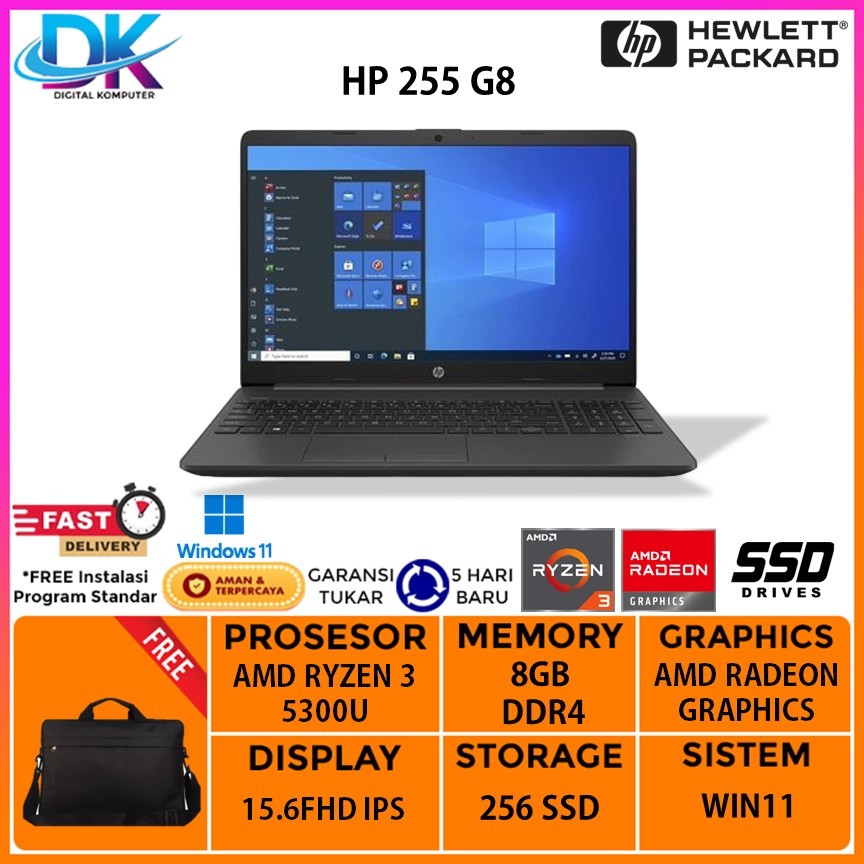 Laptop Hp 255 G8 Ryzen 3 5300U Ram 8Gb 256GB Ssd Win 11 Ori 15.6 Full HD - NON PAKET, RAM 8GB, 256GB