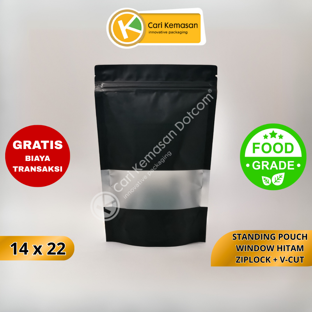 [TERMURAH] Standing Pouch 14 x 22 Kemasan Plastik Ziplock Window Warna Hitam