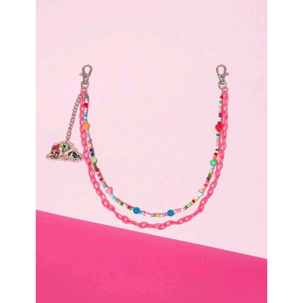 THE POWERPUFF GIRLS X SHEIN Blossom, Bubbles, Buttercup Pattern Acrylic Fashion Pants Chain