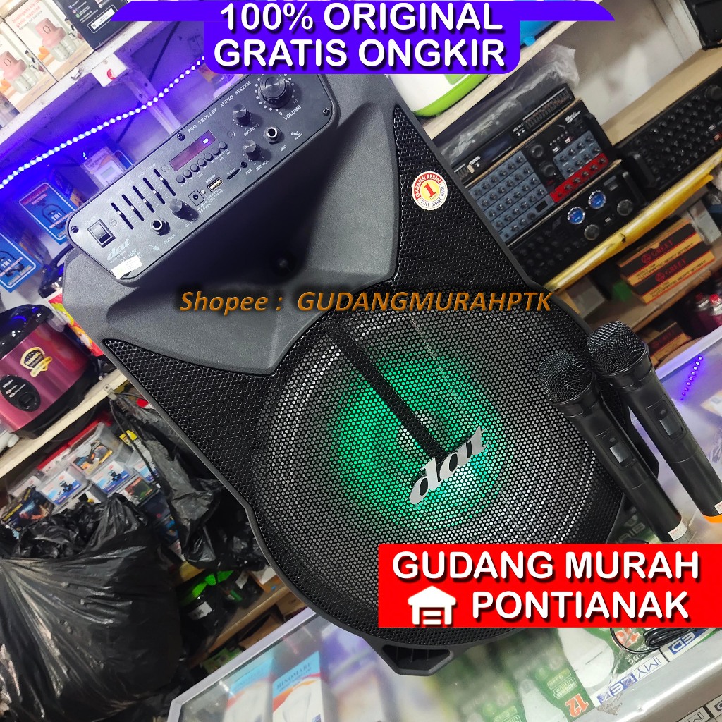 Speaker Bluetooth DAT 15 inch 2 MIC Wireless AQUALIZER Salon Portable 15" ECO + Trolly equalizer