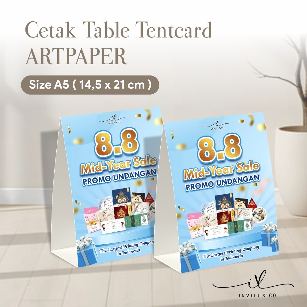 

CUSTOM TENTCARD ART PAPER PREMIUM - TENTCARD MEJA FULL COLOUR BAHAN PREMIUM