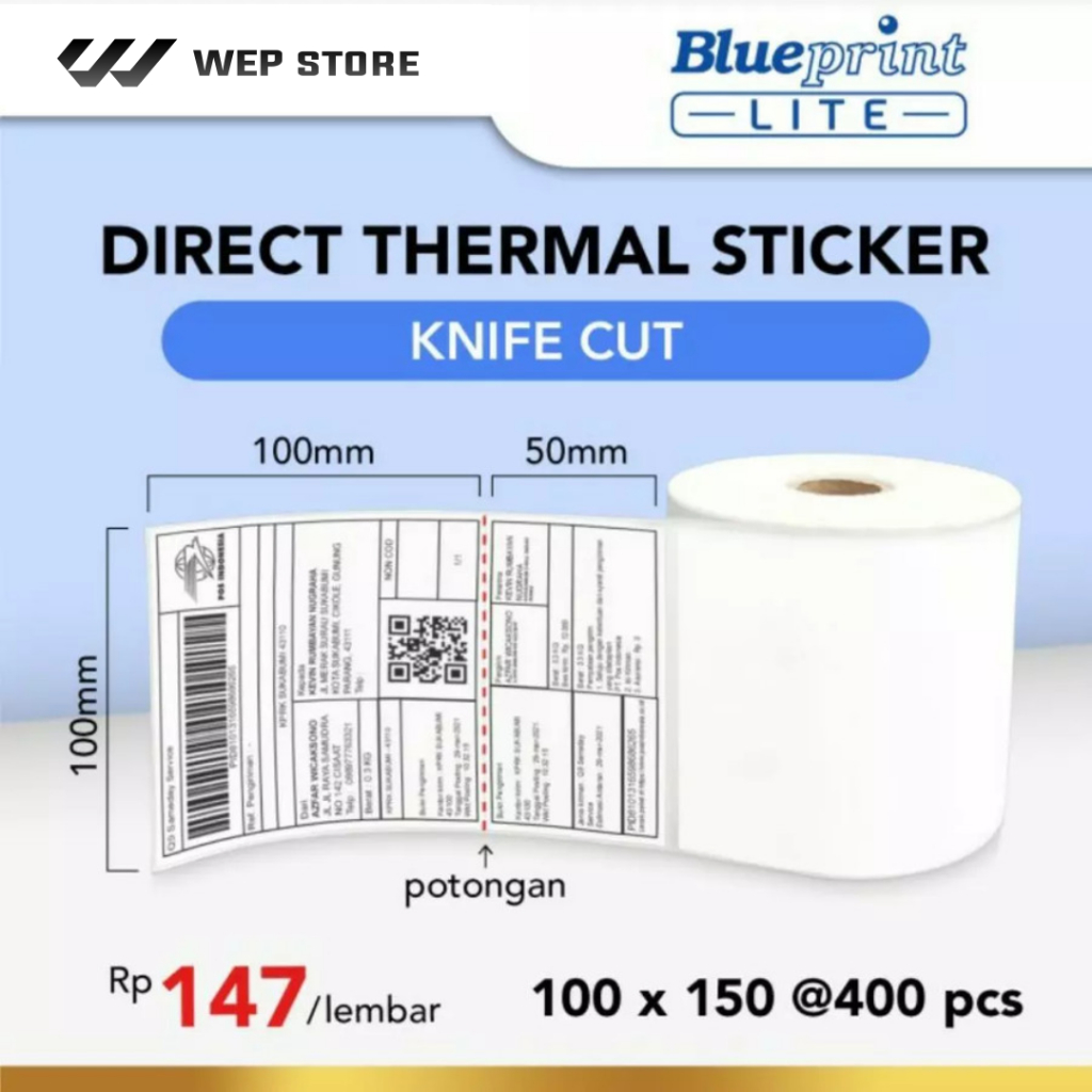 

Blueprint Lite Direct Thermal Sticker 100x150 Knife Cut Resi OlShop label A6 100 x 150 mm isi 400