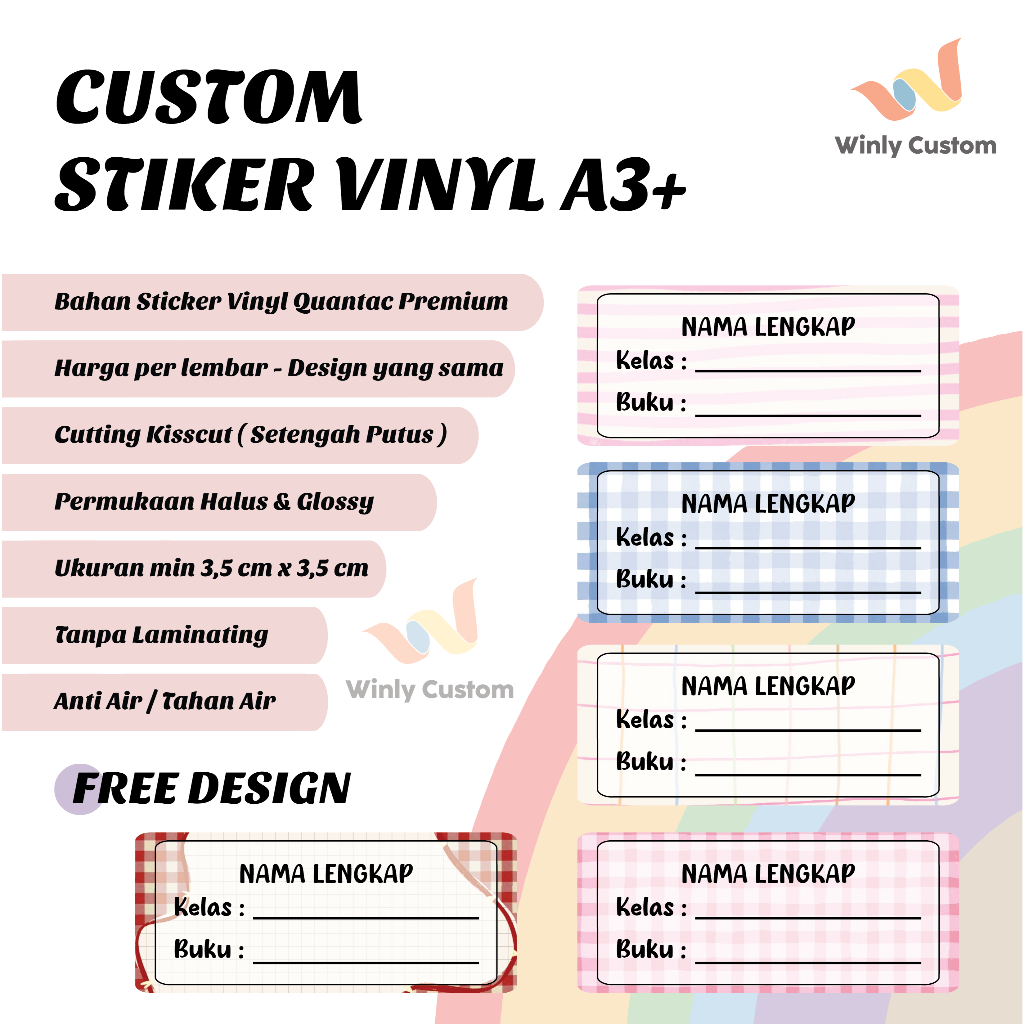

Cetak Stiker Vinyl Nama Stiker Nama Buku Sekoah Anti Air Waterproof A3+ Kisscut Label Makanan Online Shop Vynil Vinil