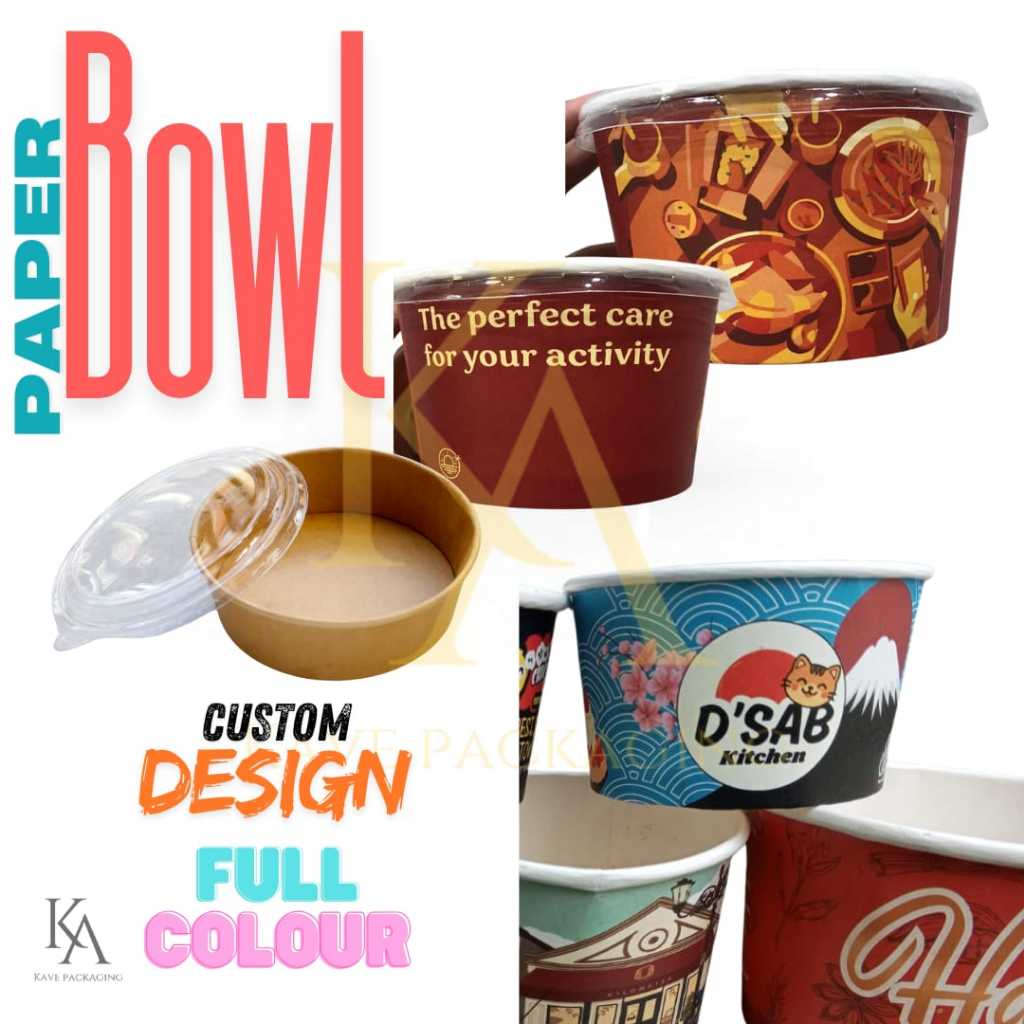 PAPER BOWL Mangkok Kertas Custom Motif Logo  Tebal Rice Bowl Laminasi Food Grade Ukuran 300ml 360ml 
