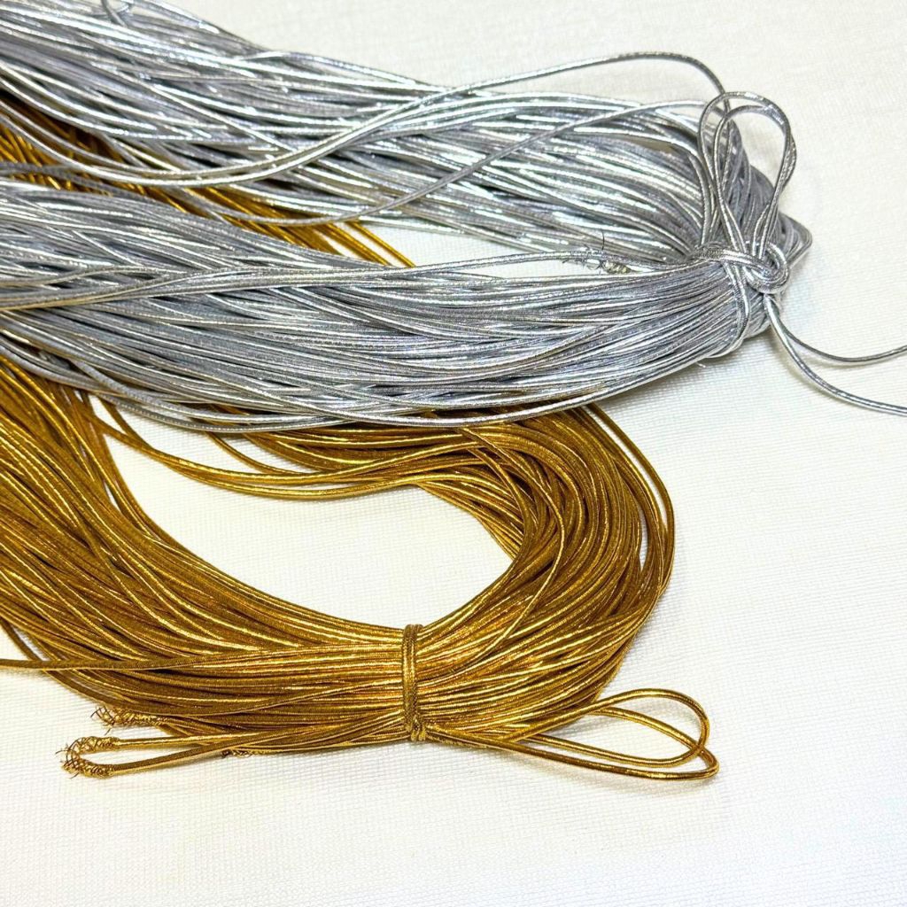 

1 Ikat (68 Meter) - Tali Elastis Karet Emas & Silver | Tali Sovenir / Hangtag Elastis Hiasan Kotak Kue/ Hampers the