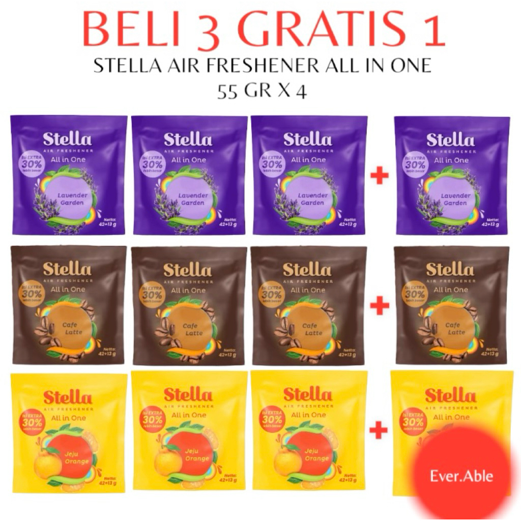 (BELI 3 GRATIS 1) STELLA AIR FRESHENER ALL IN ONE LAVENDER, ORANGE, CAFE LATTE 55 GR X 4