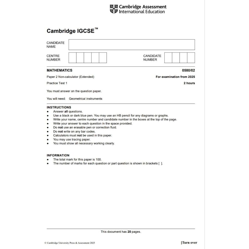 Practice test IGCSE math 0580 paper 2 set 1-8