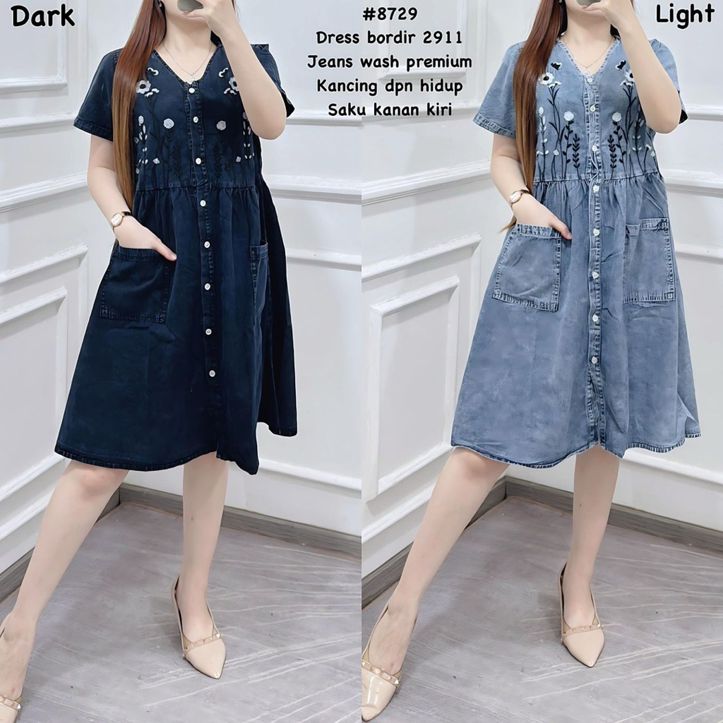 8729 DRESS JEANS KANCING BORDIR BUNGA SNOW BLACK BLUE WANITA|DRESS LD104|MIDI DRESS