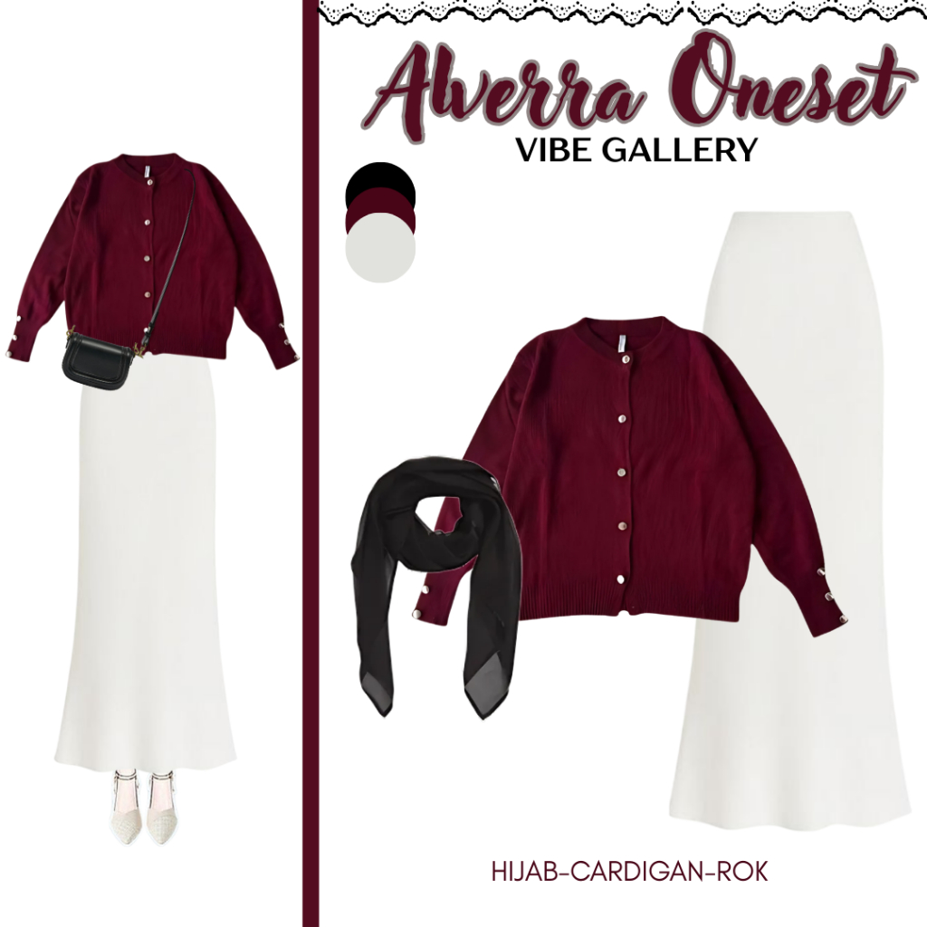 Alverra OneSet 3 in 1 ( Hijab Bella Square Biscuit - Cardigan Crop Rawis Broken White - Rok mermaid 