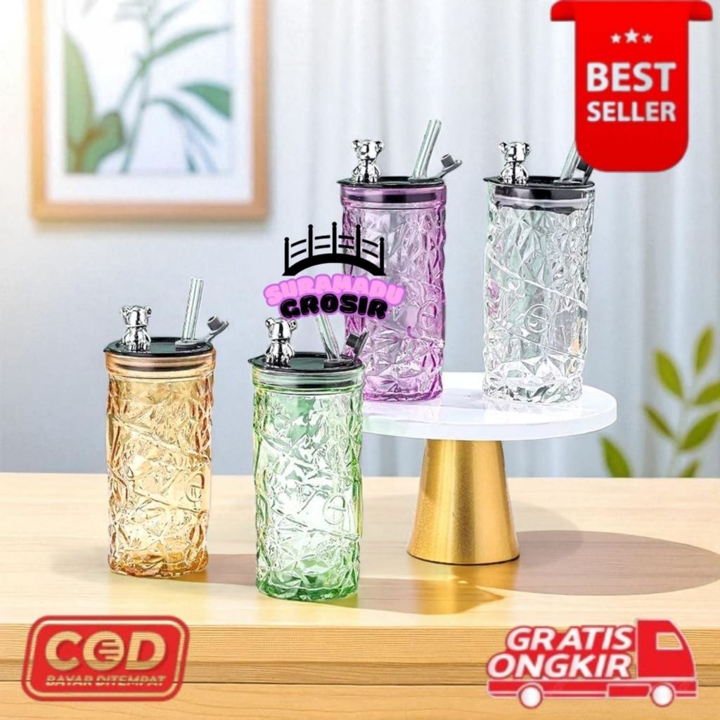 [SG] Botol Kaca Kristal Panda Tumbler Glass Gelas Sedotan Kopi Wadah Minum Aesthetic