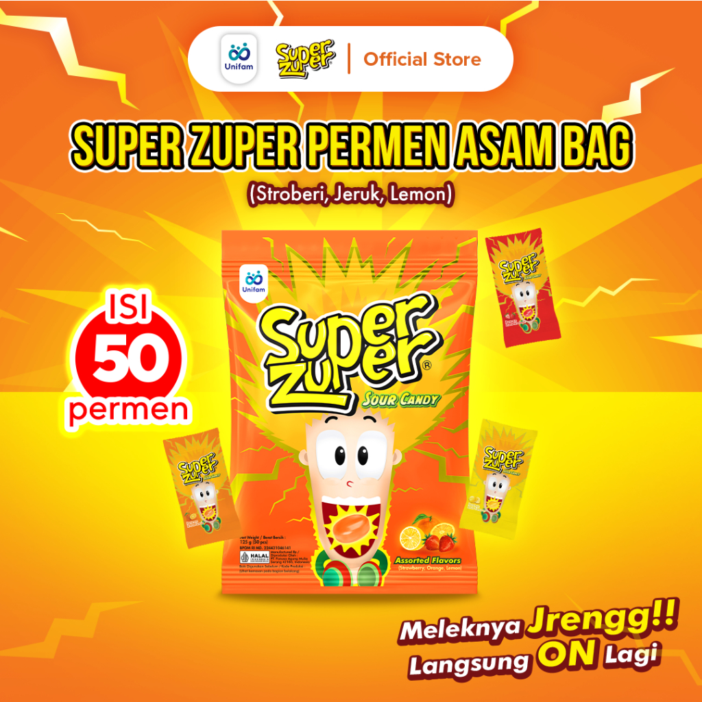 

Super Zuper Permen Asem Rasa Buah Bag - Sour Candy Mix 1 Bag (Isi 50 Pcs)