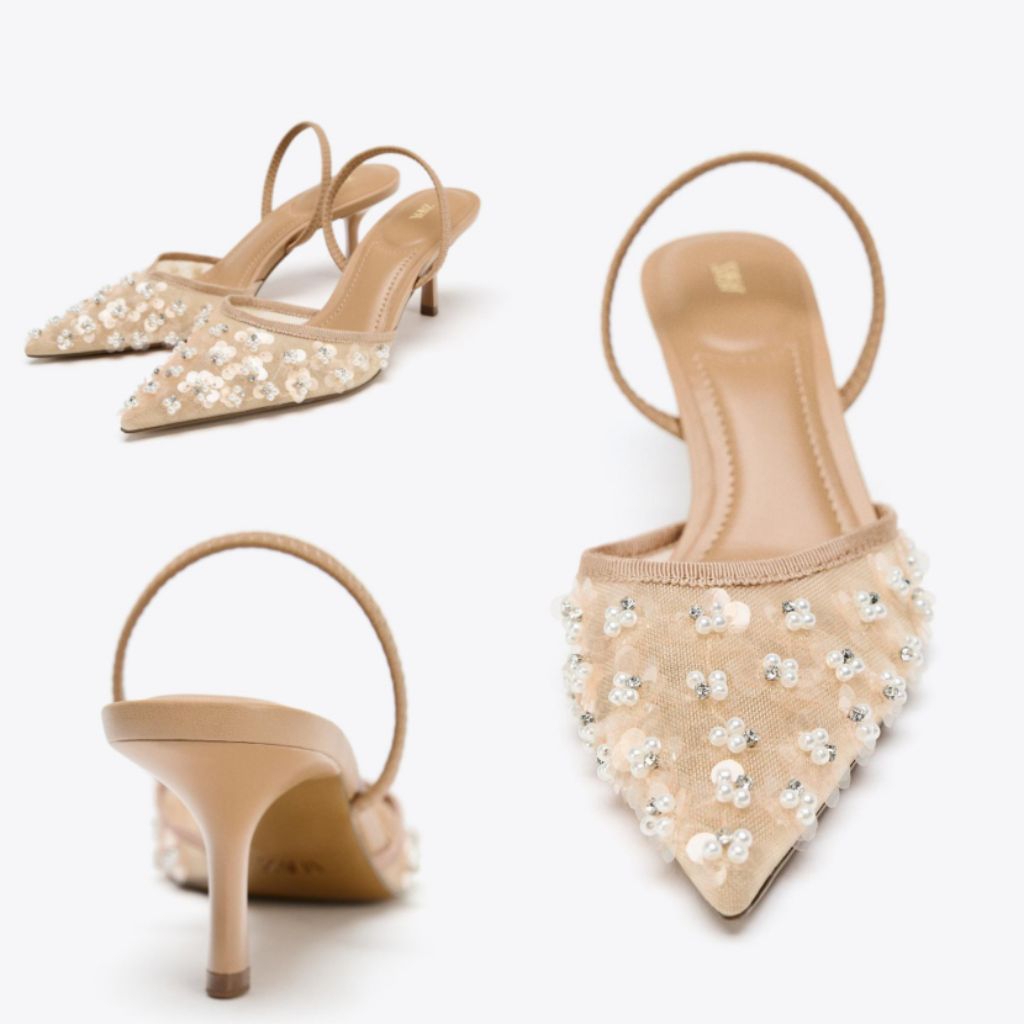 Sepatu ZARA Faux Pearl Slingback Heels Shoes