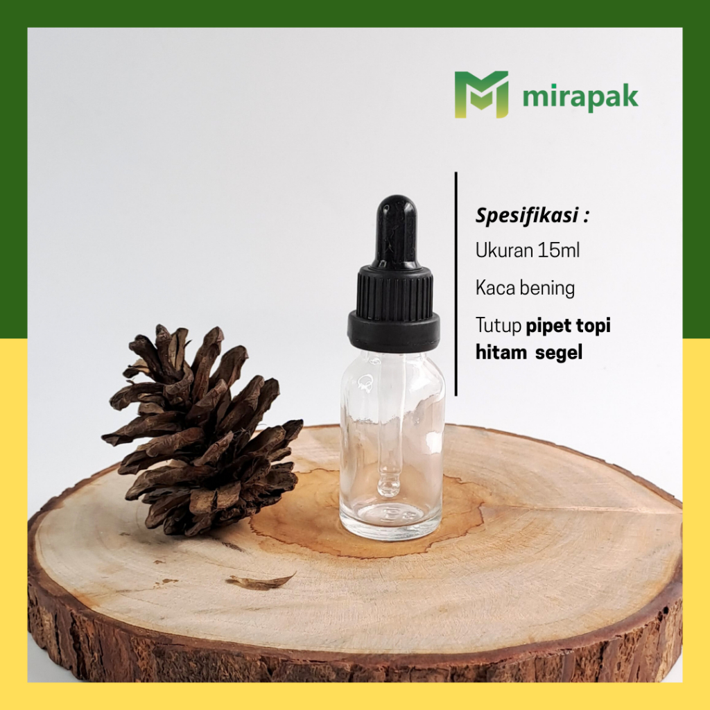 BOTOL PIPET 15ML BENING CLEAR KACA TEBAL - RING TOPI SEGEL HITAM KARET HITAM - SERUM KOSMETIK SKINCA