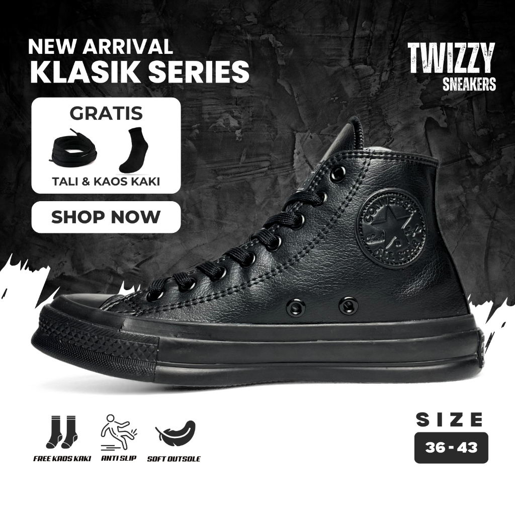 Twizzy Senakers - Sepatu Sneakers Casual Pria & Wanita 36 - 43 - Converse High Leather Full Black / 